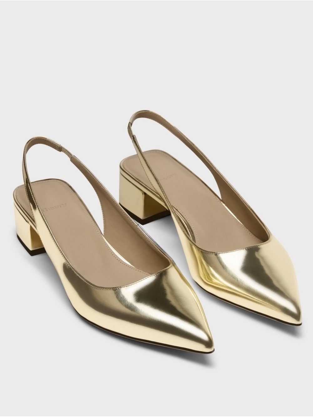 Theory Gold Metallic Pointed-Toe Slingback Low Block Heel